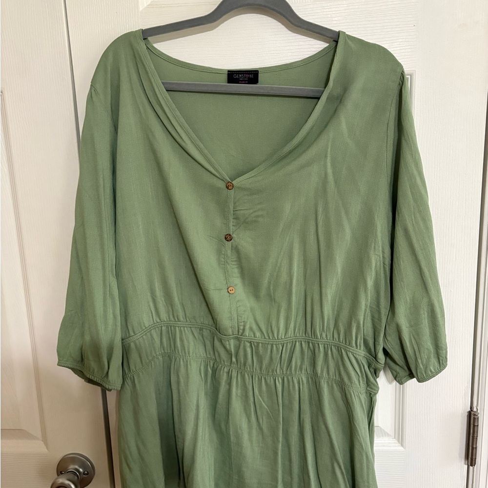 3X Gemstone Sage Green Button-Front V-Neck Blouse